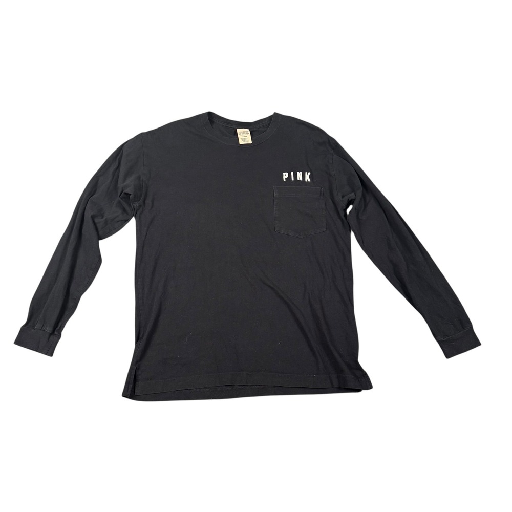 PINK Victoria's‎ Secret Long Sleeve Pocket T-Shirt Black Tropical Leaf Graphic M
